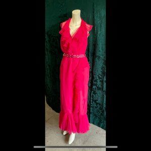 Fuchsia Chiffon with Ruffles and Rhinestone Belt Full Gown